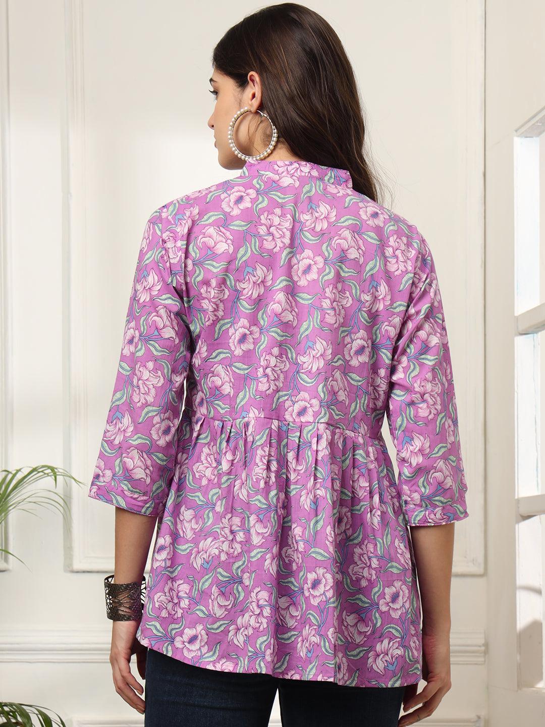 Ekisha's women purple multicolor designer floral printed cotton tunic top short kurti - Ekisha