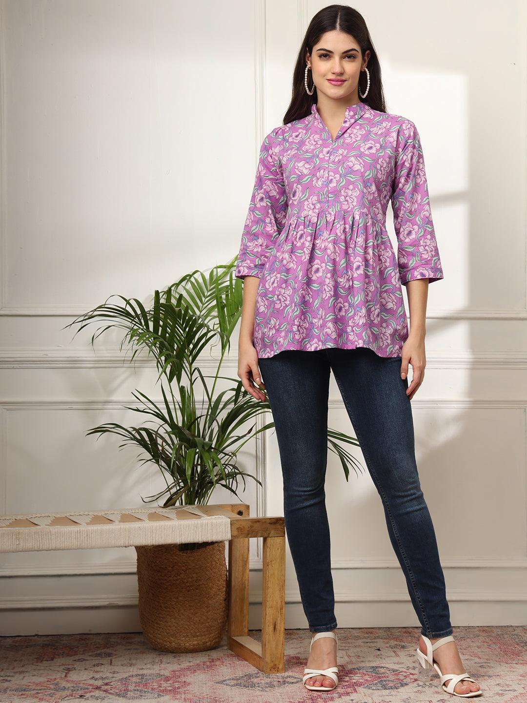Ekisha's women purple multicolor designer floral printed cotton tunic top short kurti - Ekisha