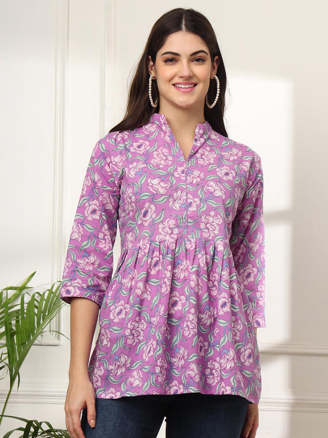 Ekisha's women purple multicolor designer floral printed cotton tunic top short kurti - Ekisha