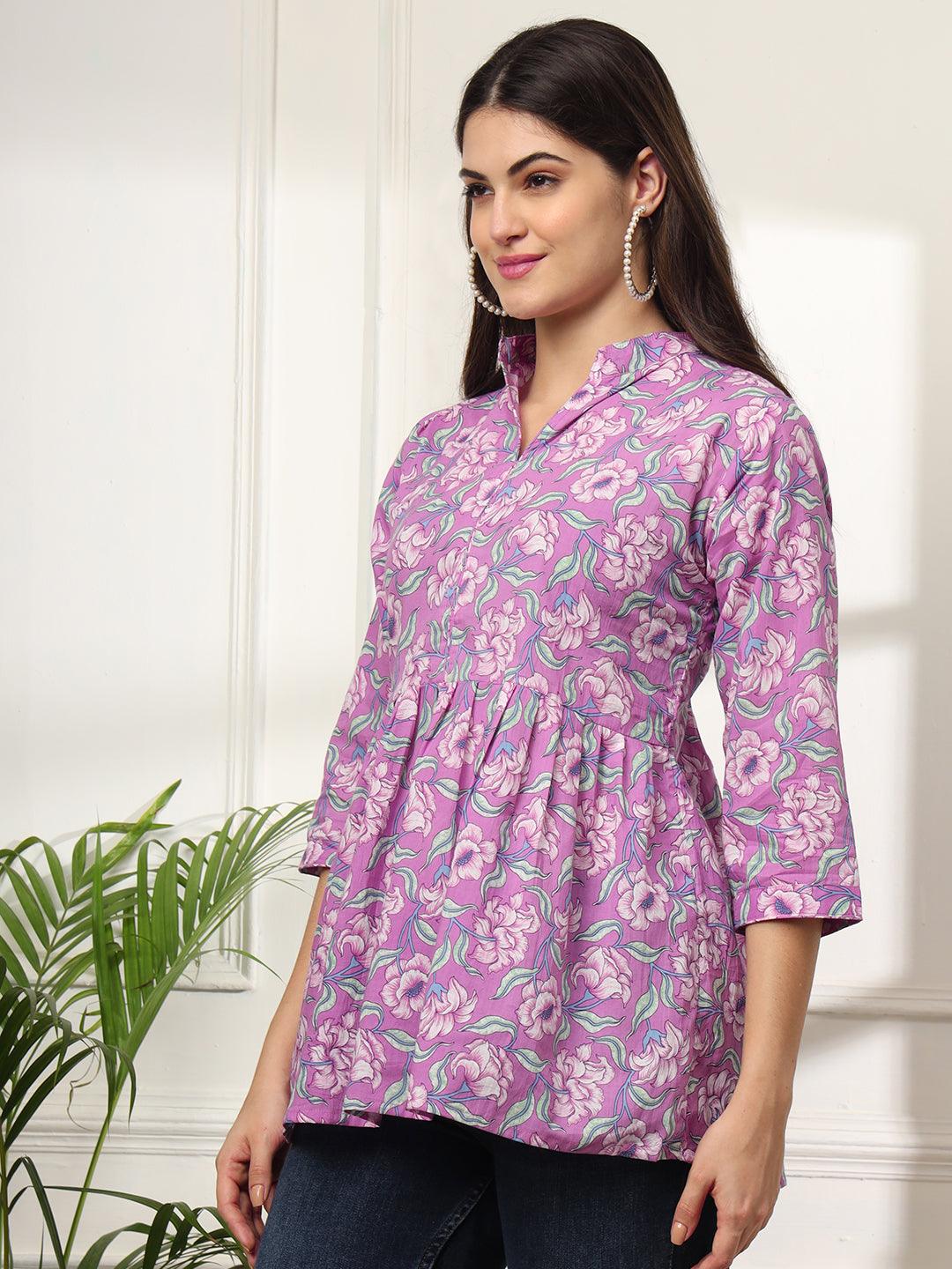 Ekisha's women purple multicolor designer floral printed cotton tunic top short kurti - Ekisha