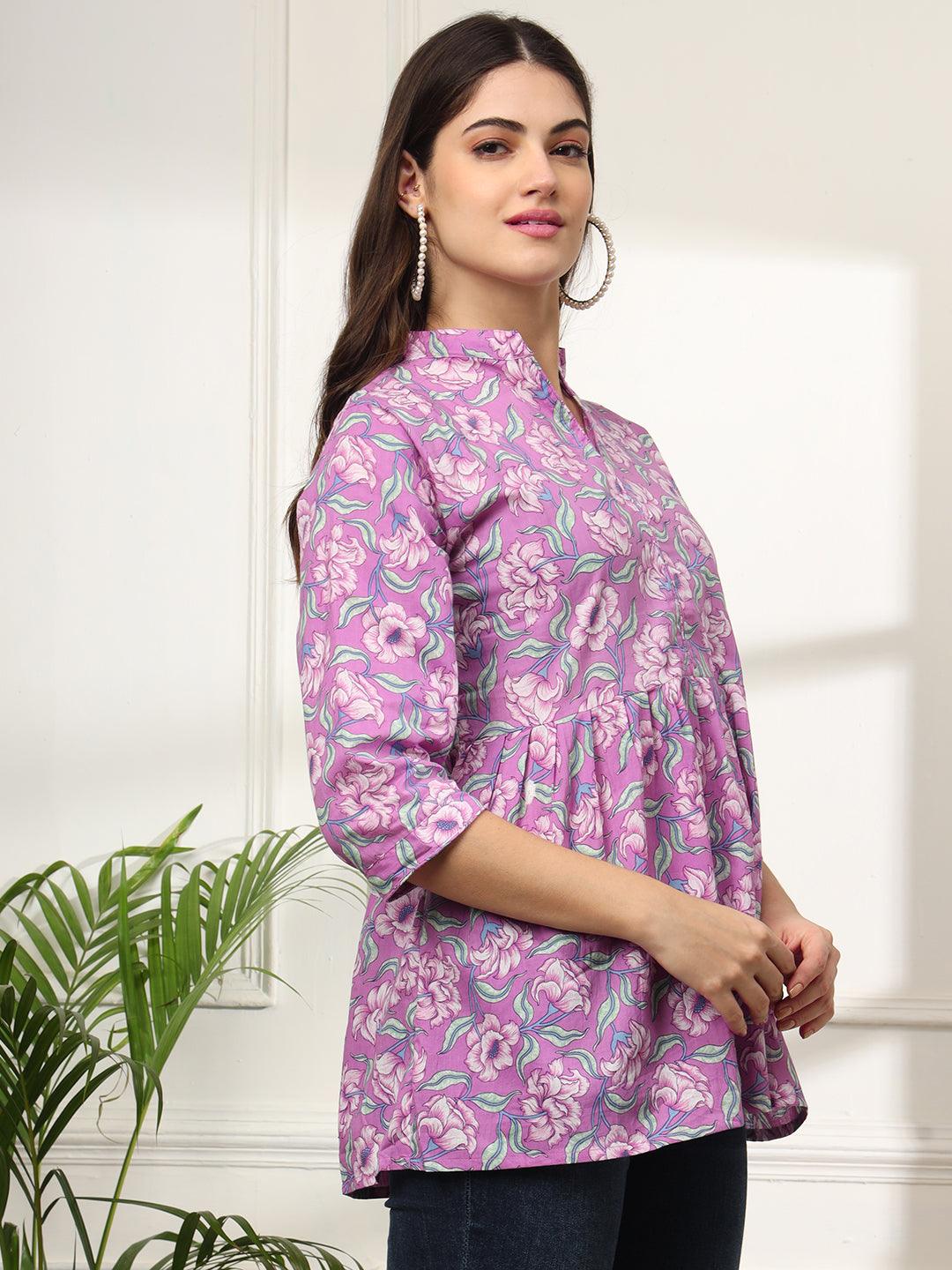 Ekisha's women purple multicolor designer floral printed cotton tunic top short kurti - Ekisha