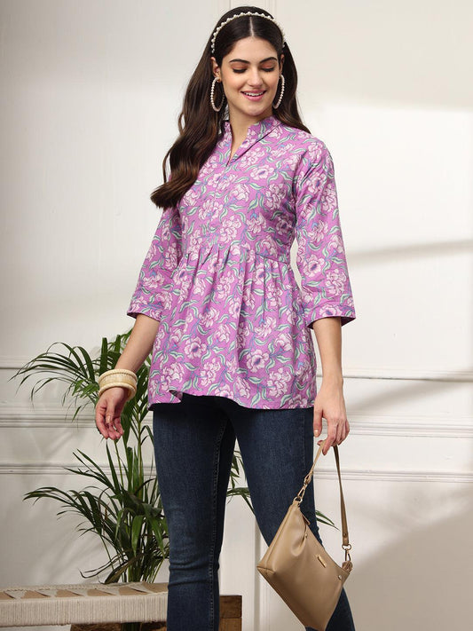 Ekisha's women purple multicolor designer floral printed cotton tunic top short kurti - Ekisha