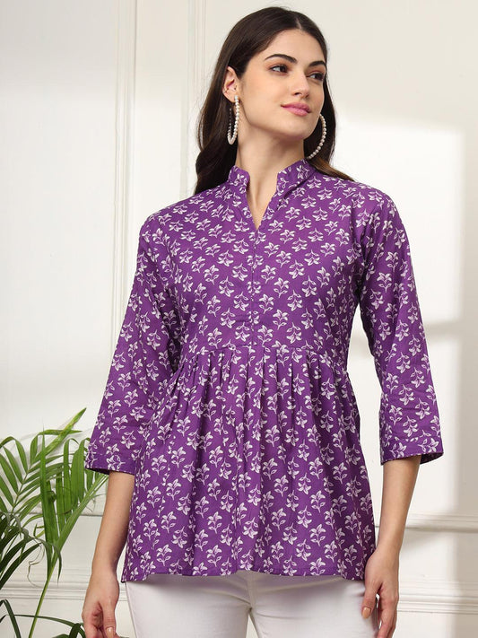Ekisha's women purple beautiful designer floral printed cotton tunic top short kurti - Ekisha
