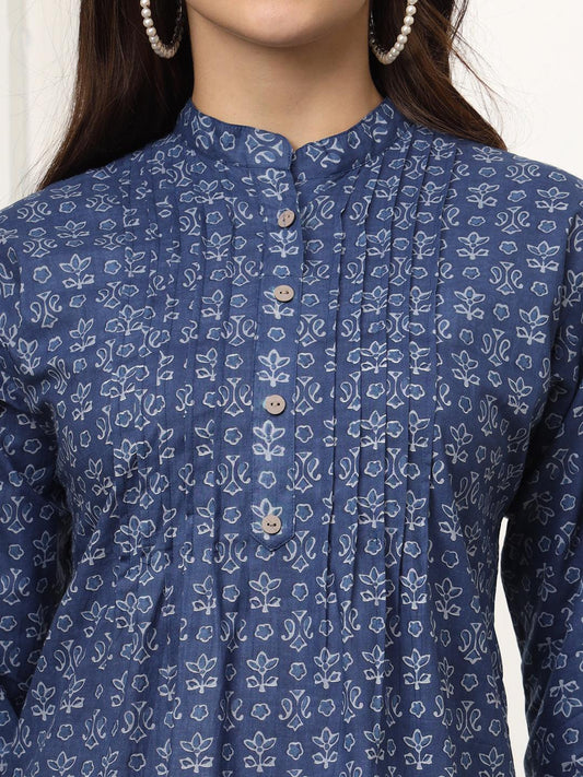 Ekisha's women blue pleated designer floral printed cotton tunic top short kurti - Ekisha
