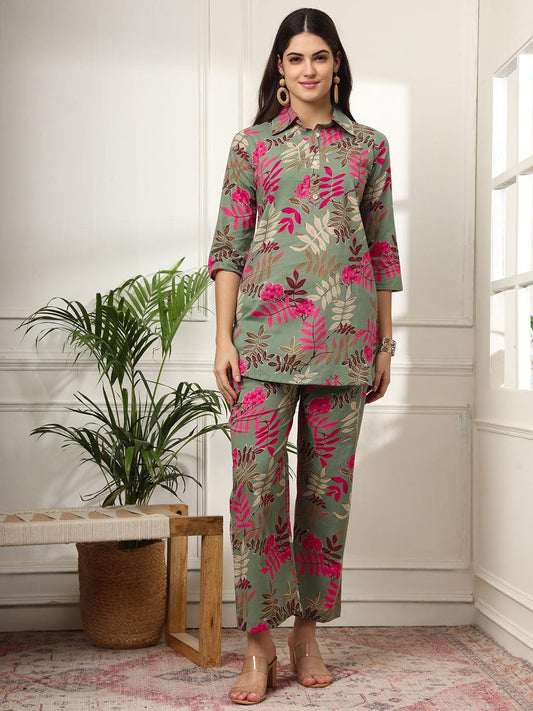 Ekisha's women green designer multicolor floral printed cotton co-ord set lounge wear - Ekisha