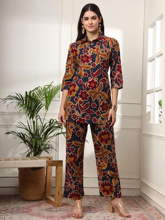 Ekisha's women dark blue multicolor floral printed cotton co-ord set lounge wear - Ekisha