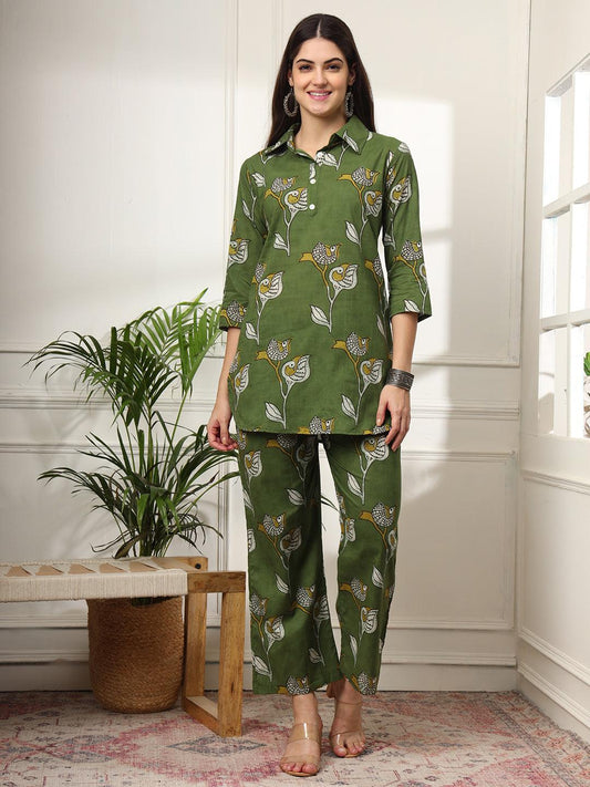 Ekisha's women green multicolor floral printed cotton co-ord set lounge wear - Ekisha