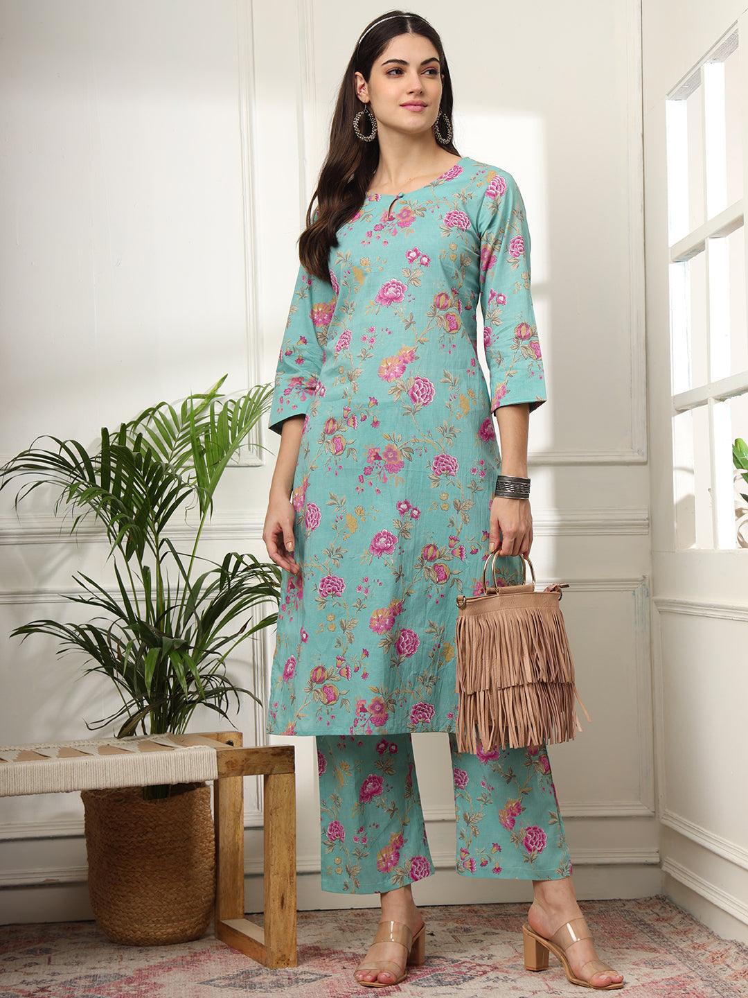 Ekisha's women light green multicolor floral printed cotton co-ord set kurta set - Ekisha