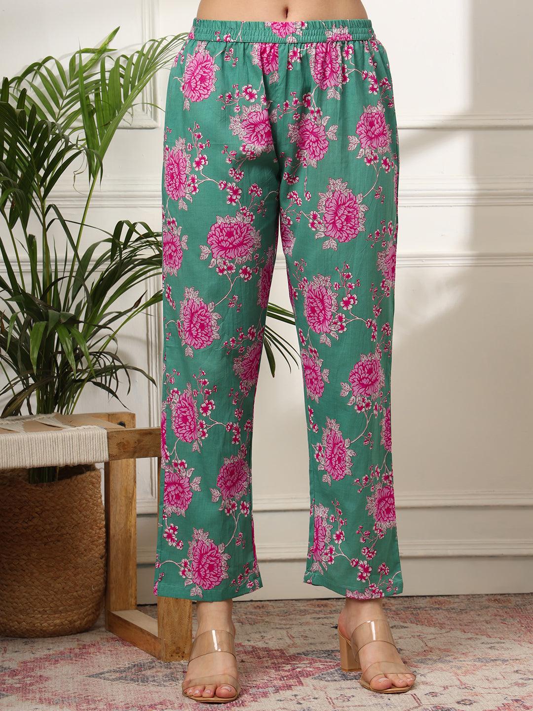 Ekisha's women green multicolor floral printed cotton co-ord set kurta set - Ekisha