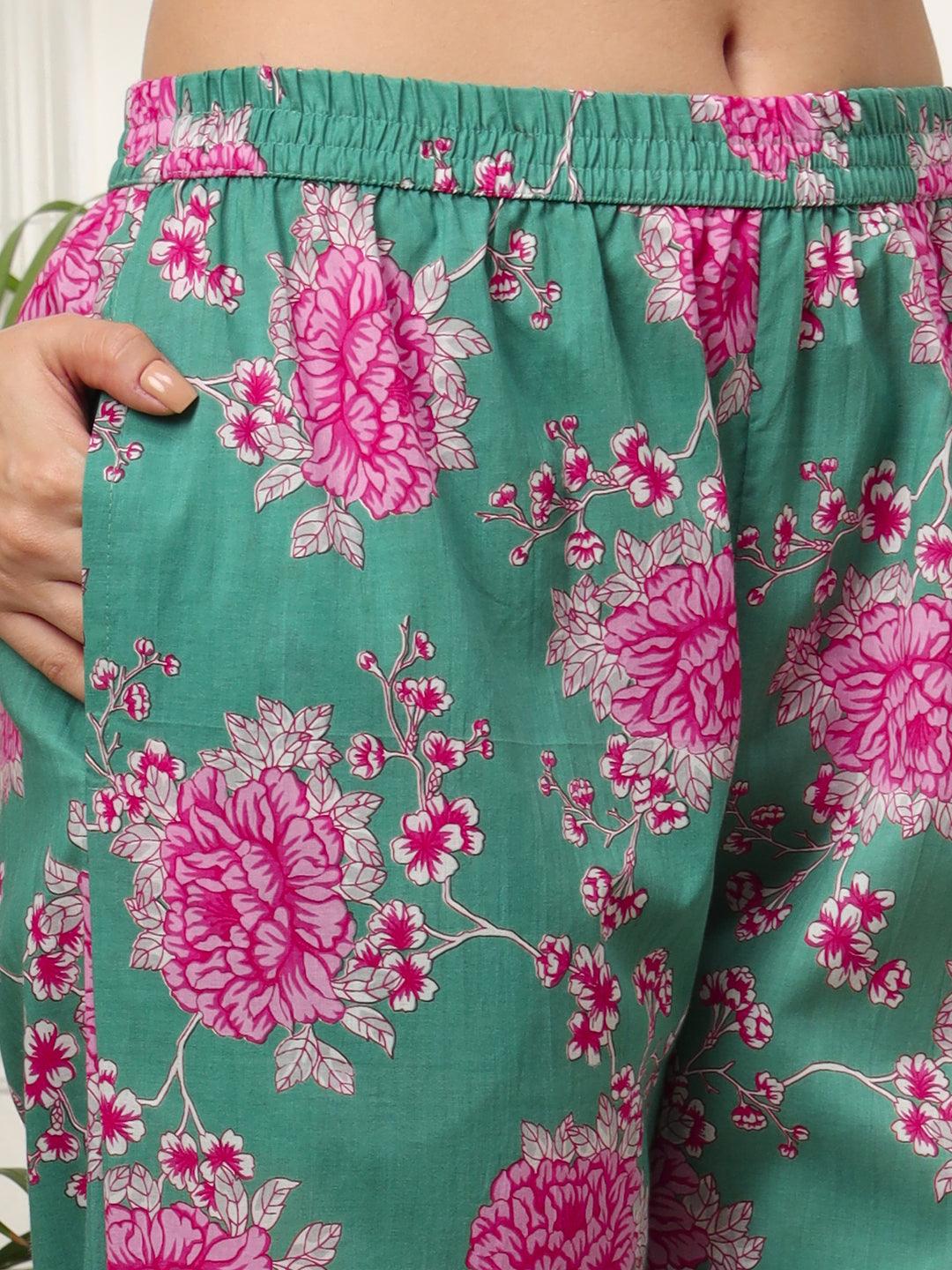 Ekisha's women green multicolor floral printed cotton co-ord set kurta set - Ekisha