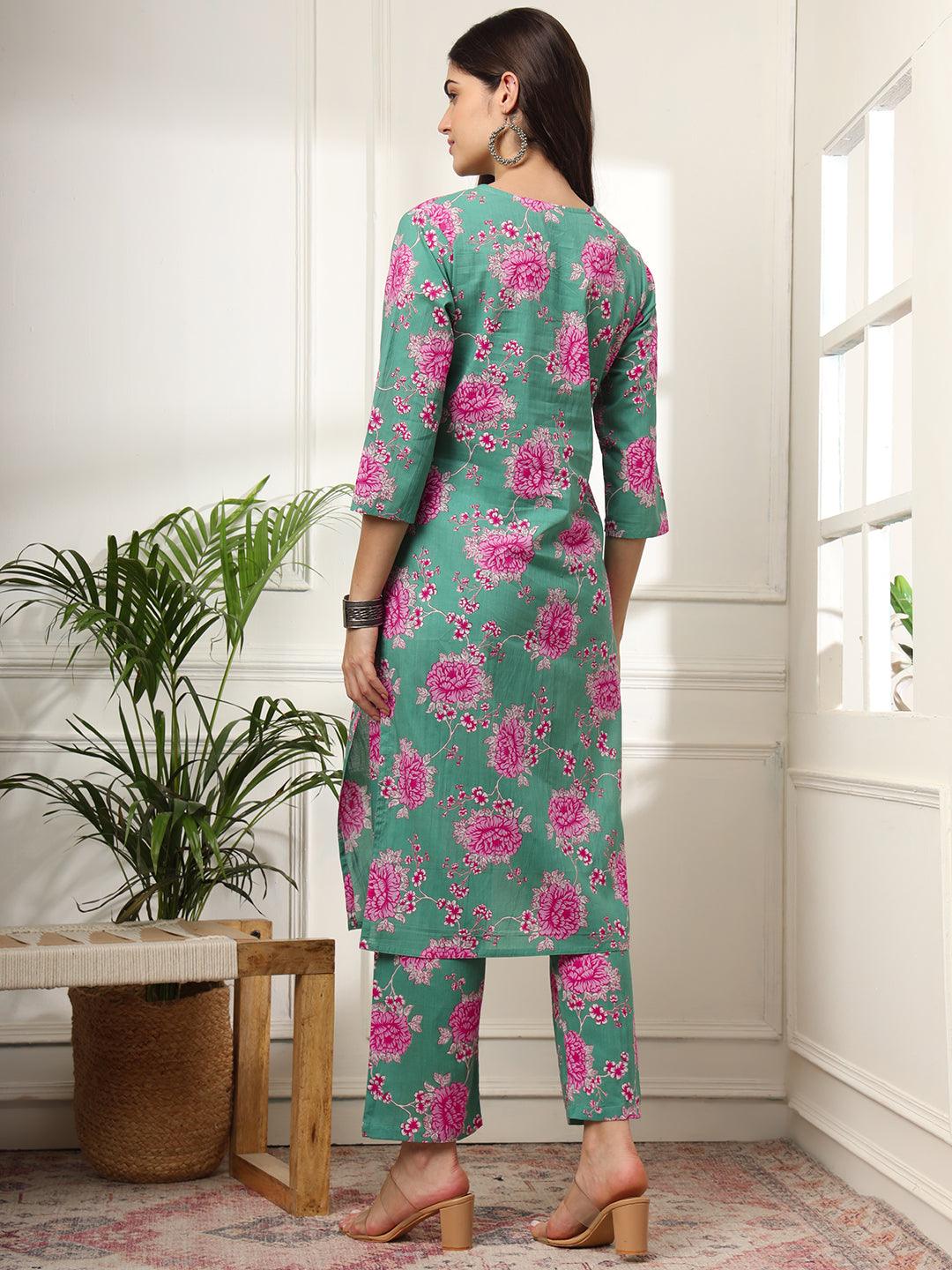Ekisha's women green multicolor floral printed cotton co-ord set kurta set - Ekisha