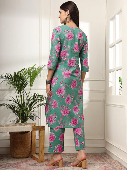 Ekisha's women green multicolor floral printed cotton co-ord set kurta set - Ekisha