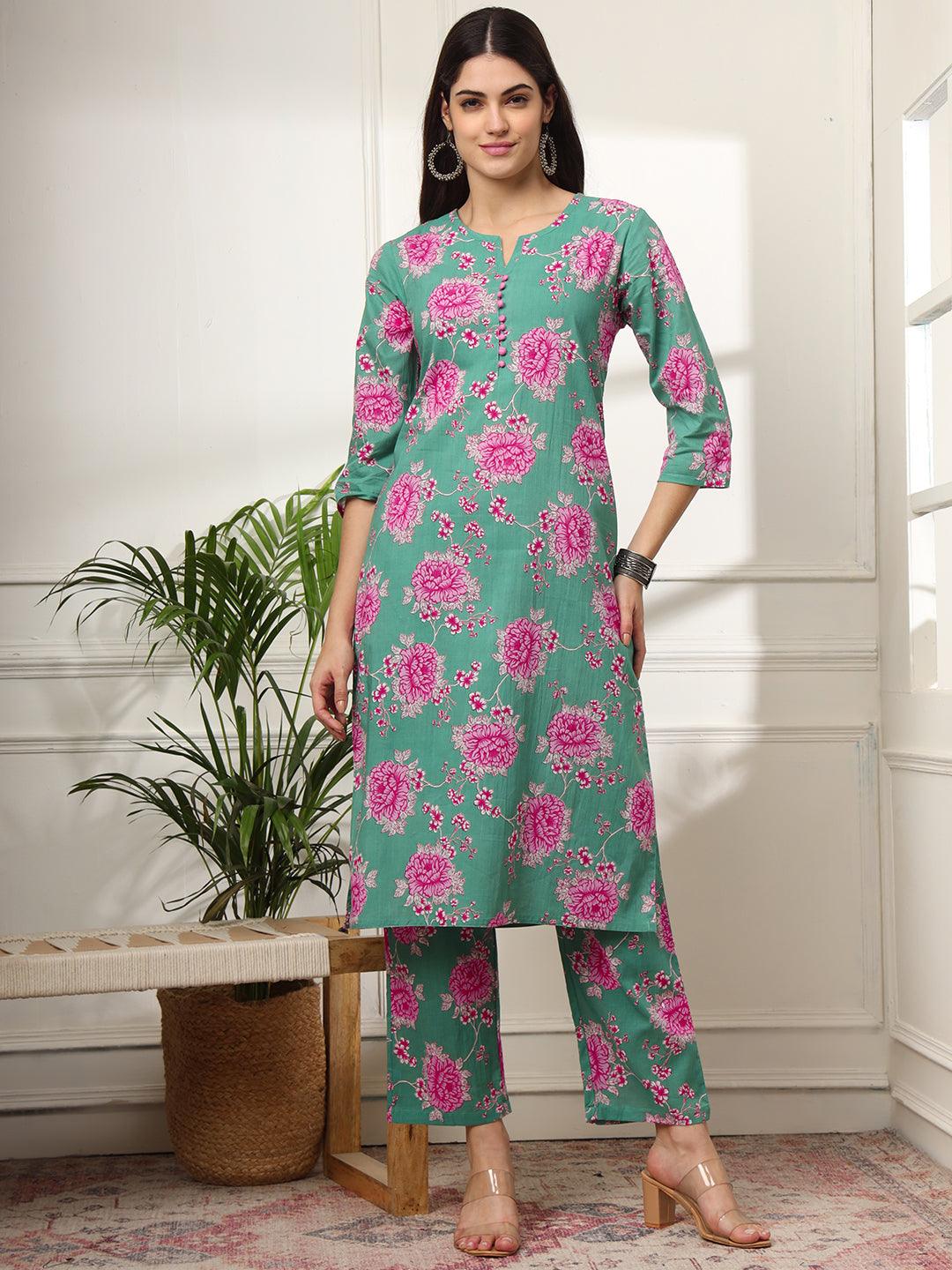 Ekisha's women green multicolor floral printed cotton co-ord set kurta set - Ekisha