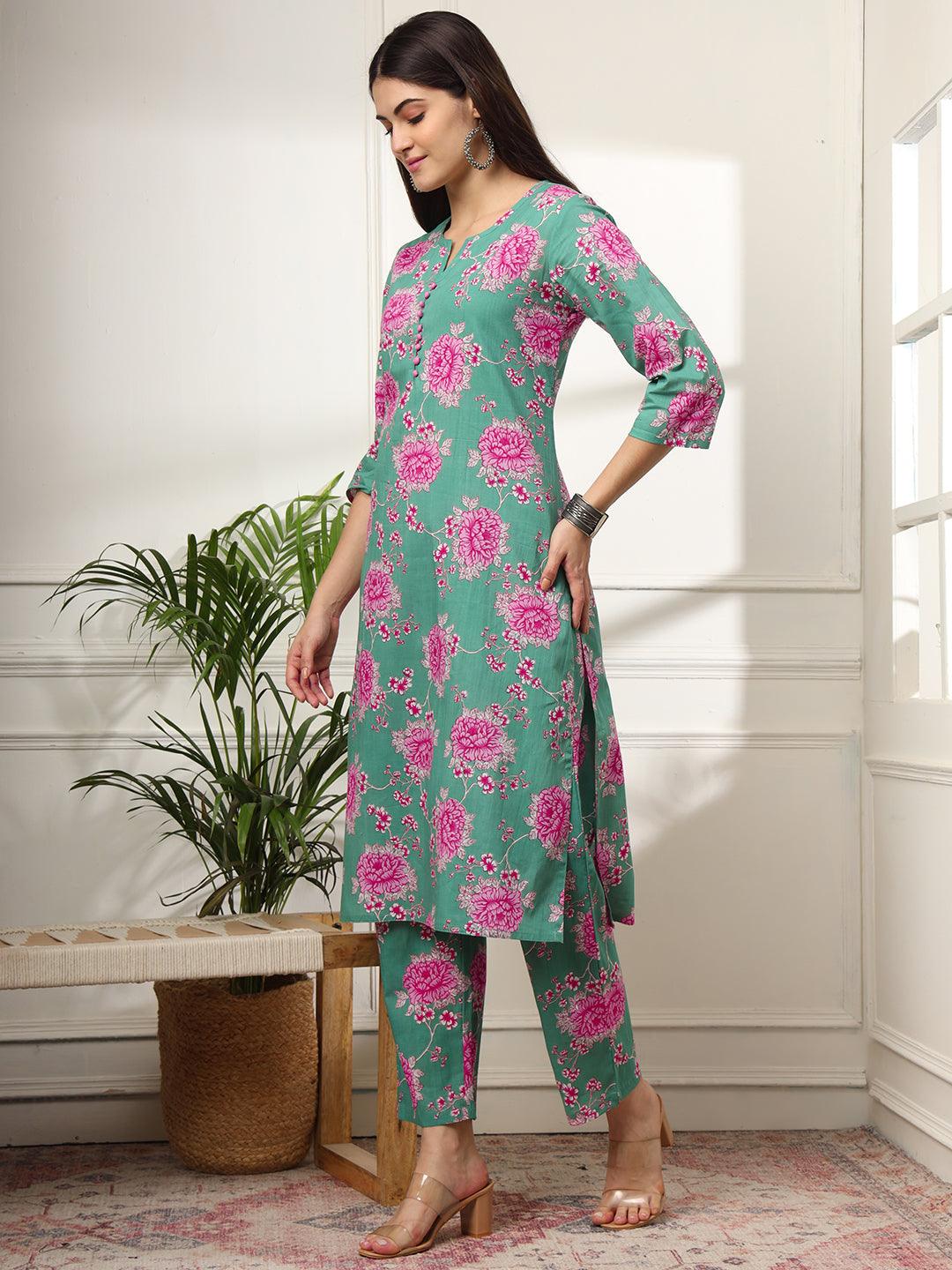 Ekisha's women green multicolor floral printed cotton co-ord set kurta set - Ekisha
