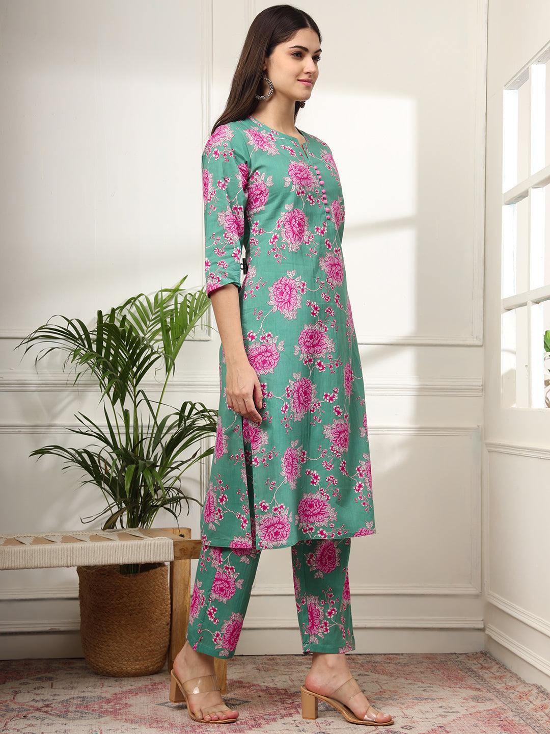 Ekisha's women green multicolor floral printed cotton co-ord set kurta set - Ekisha