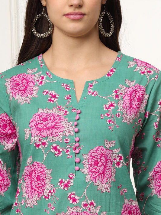 Ekisha's women green multicolor floral printed cotton co-ord set kurta set - Ekisha