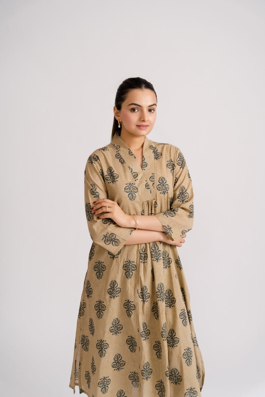 Matching beige black buta print wide leg palazzo pants with A-line kurti – Ekisha
