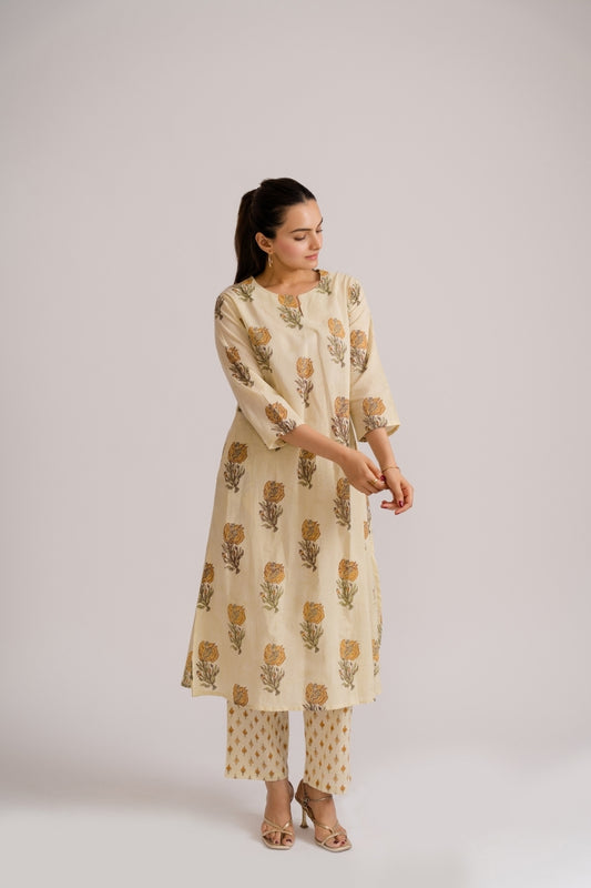 Cream Mustard Buta Block Print Cotton Kurti