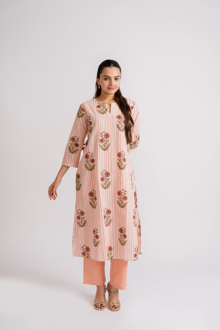 3/4 sleeve peach striped cotton A-line kurti with marigold floral buta block print – Ekisha