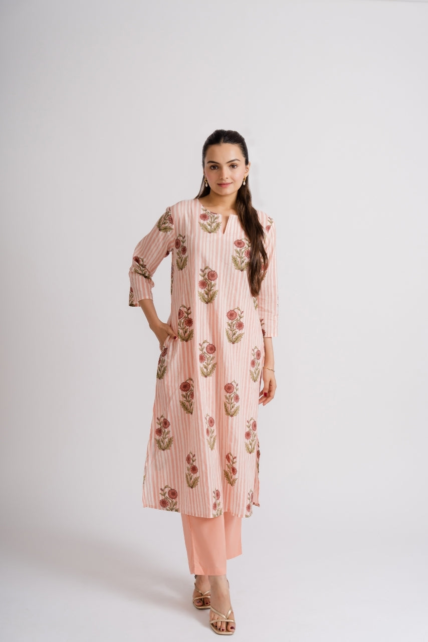3/4 sleeve peach striped cotton A-line kurti with marigold floral buta block print – Ekisha