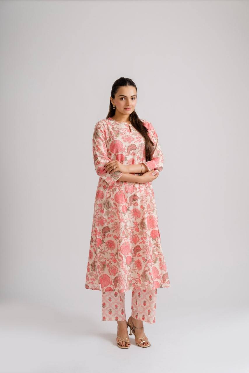 Cream pink jaal floral block print cotton coord set full front view – Ekisha