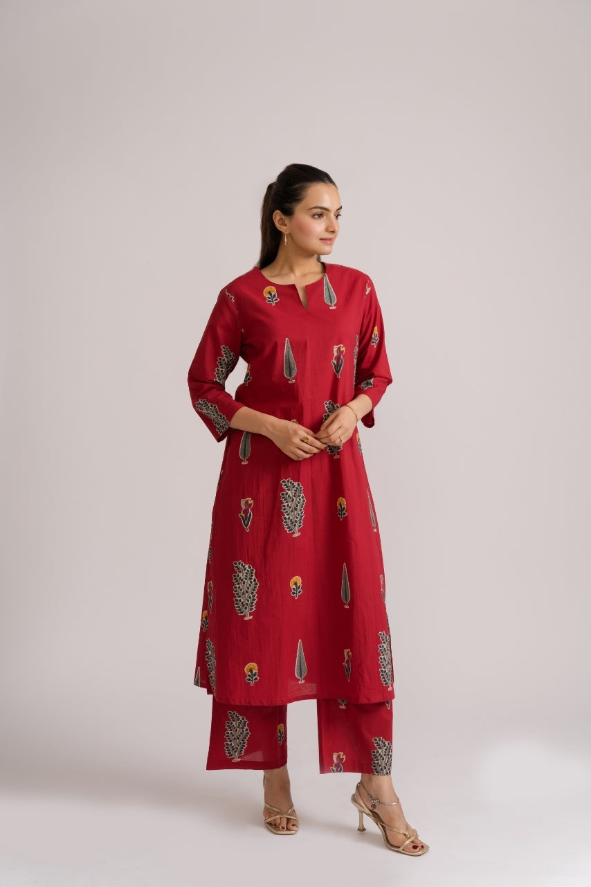 Red mughal garden block print cotton coord set full front view – Ekisha