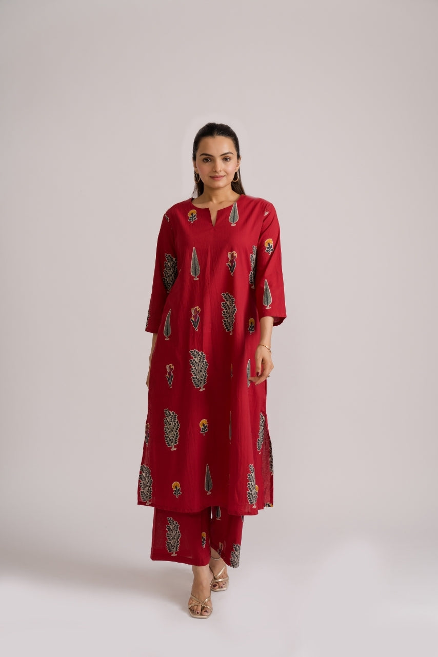 3/4 sleeve red cotton straight kurta with mughal garden block print and cuff border detail – Ekisha