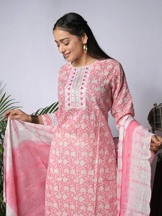 Ekisha's women printed pink designer cotton kurta and pant set with dupatta - Ekisha