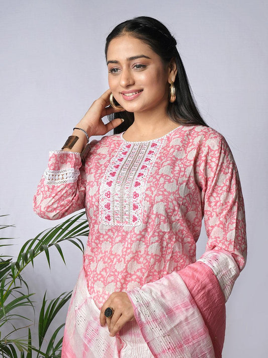 Ekisha's women printed pink designer cotton kurta and pant set with dupatta - Ekisha
