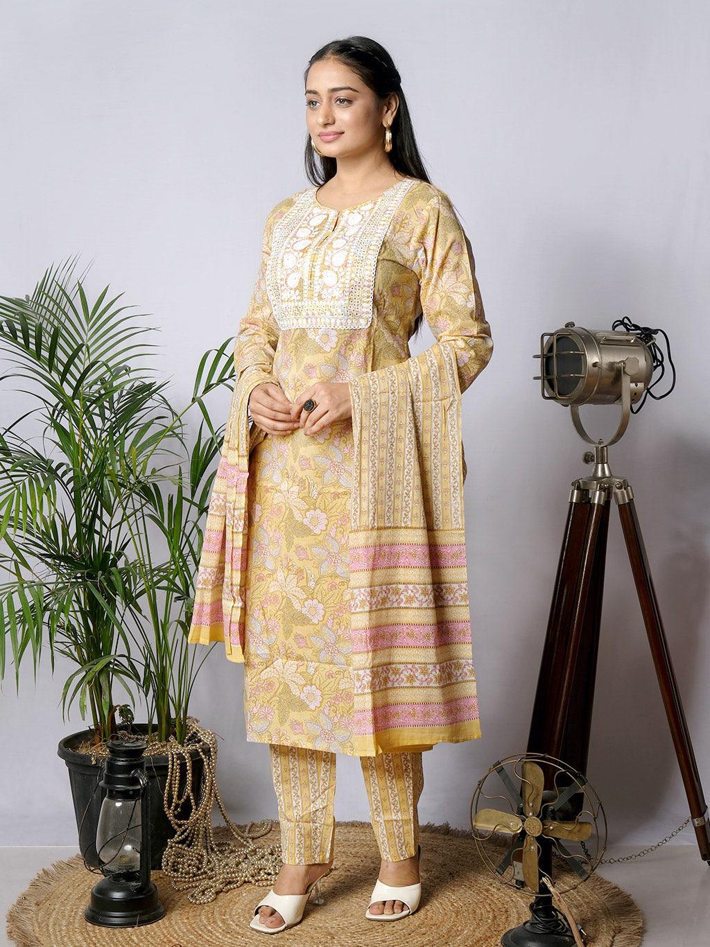 Ekisha's women printed yellow embroidered cotton kurta and pant set with dupatta - Ekisha