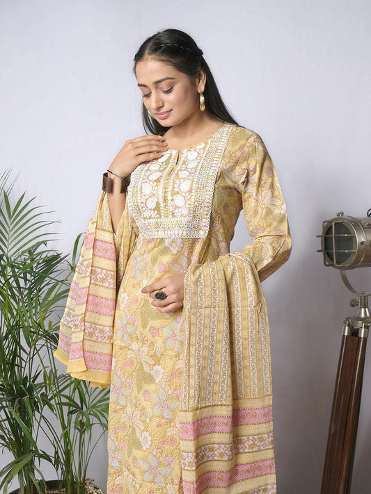 Ekisha's women printed yellow embroidered cotton kurta and pant set with dupatta - Ekisha