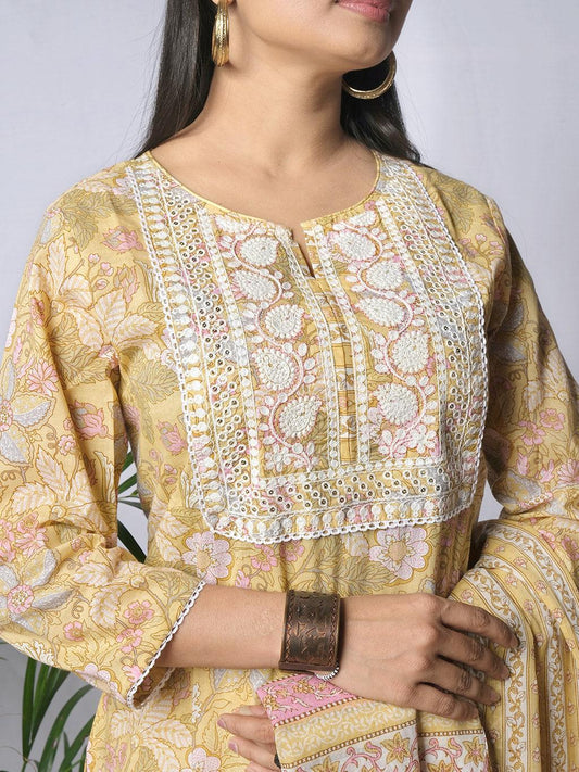Ekisha's women printed yellow embroidered cotton kurta and pant set with dupatta - Ekisha