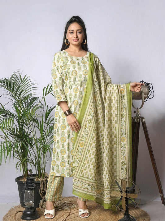 Ekisha's women printed white green floral cotton kurta and pant set with dupatta - Ekisha