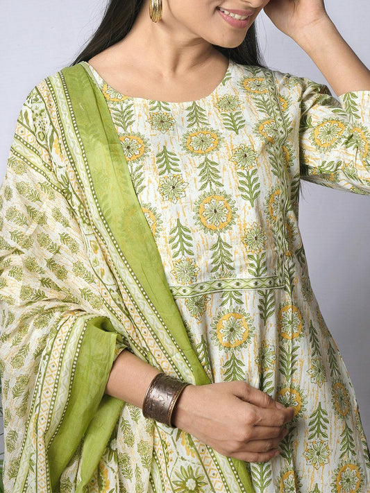 Ekisha's women printed white green floral cotton kurta and pant set with dupatta - Ekisha