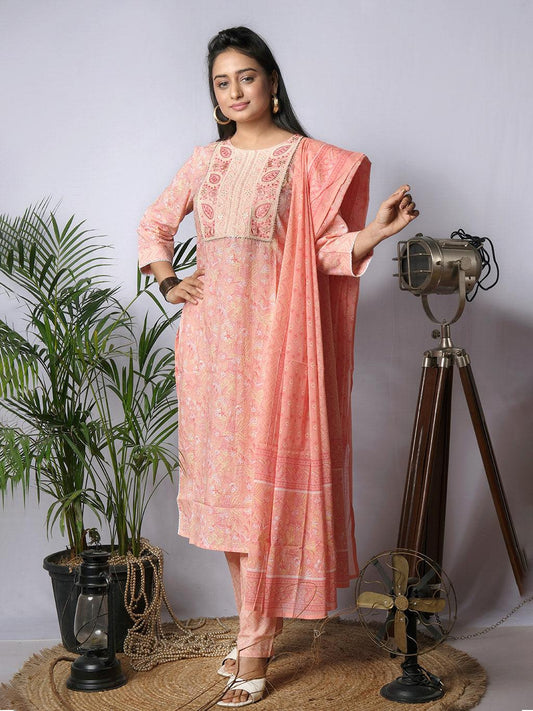 Ekisha's women printed peach embroidered cotton kurta and pant set with dupatta - Ekisha