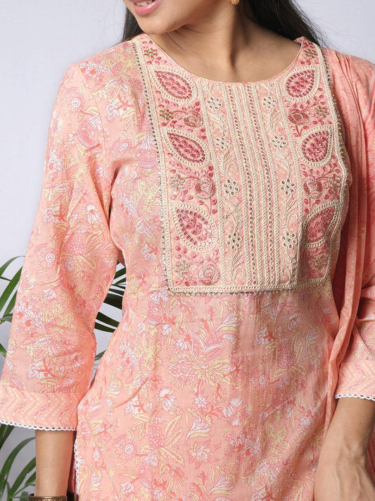 Ekisha's women printed peach embroidered cotton kurta and pant set with dupatta - Ekisha