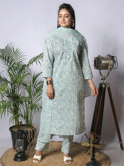 Ekisha's women printed cgreen cotton kurta and pant set with dupatta - Ekisha