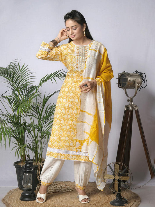 Ekisha's women printed yellow designer cotton kurta and pant set with dupatta - Ekisha