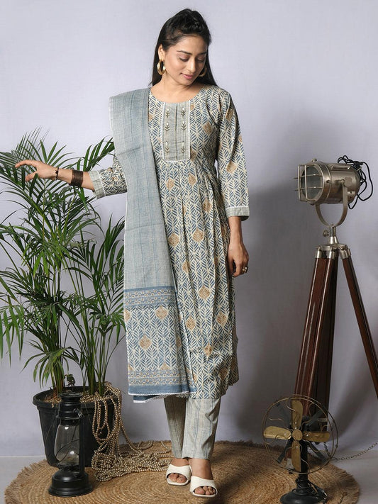 Ekisha's women printed grey blue cotton kurta and pant set with dupatta - Ekisha