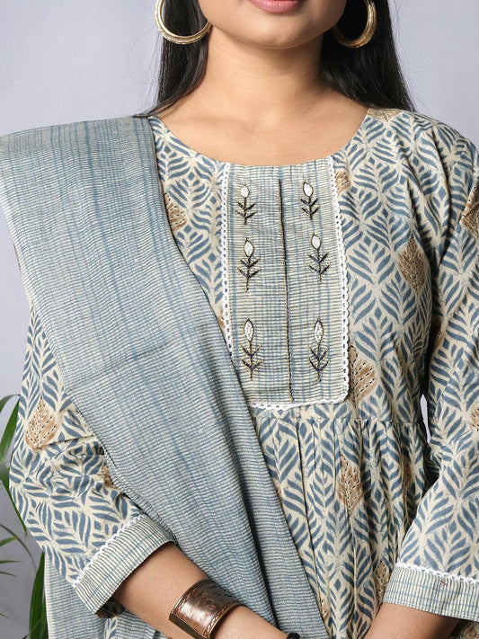 Ekisha's women printed grey blue cotton kurta and pant set with dupatta - Ekisha