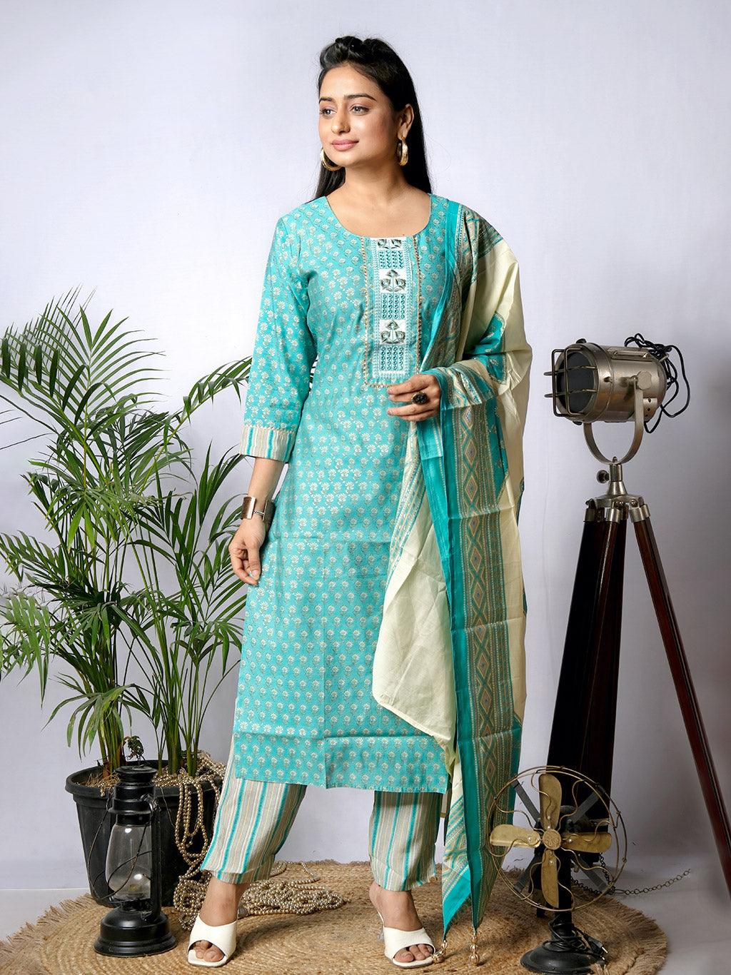 Ekisha's women printed rama designer cotton kurta and pant set with dupatta - Ekisha