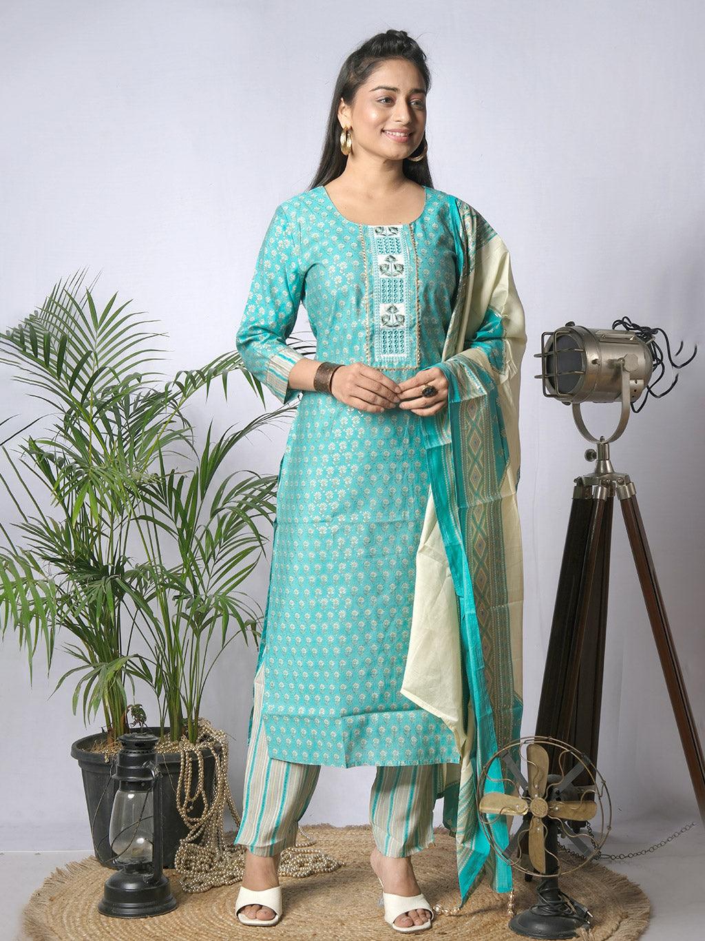 Ekisha's women printed rama designer cotton kurta and pant set with dupatta - Ekisha