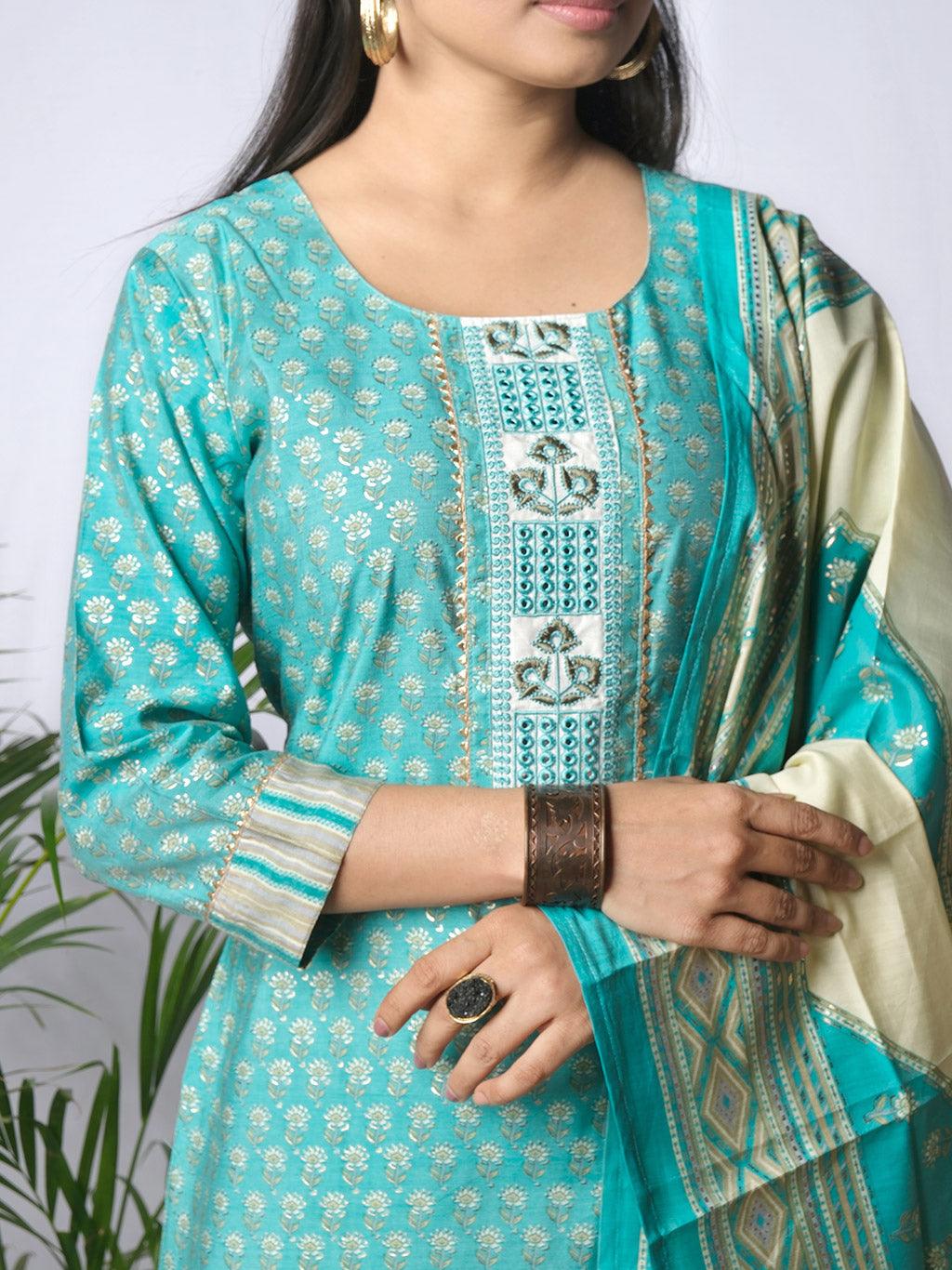 Ekisha's women printed rama designer cotton kurta and pant set with dupatta - Ekisha