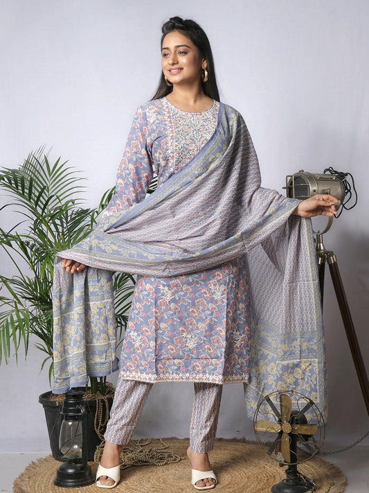 Ekisha's women printed floral light purple cotton kurta and pant set with dupatta - Ekisha