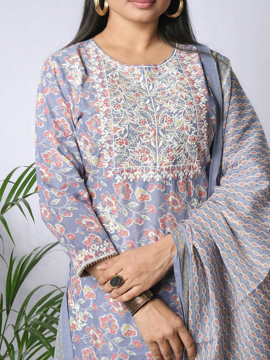 Ekisha's women printed floral light purple cotton kurta and pant set with dupatta - Ekisha