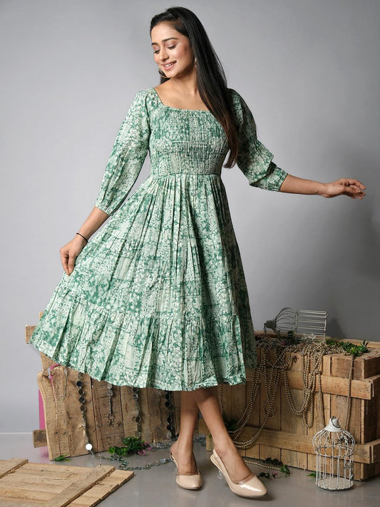 Ekisha's women shibori printed green cotton midi dress - Ekisha