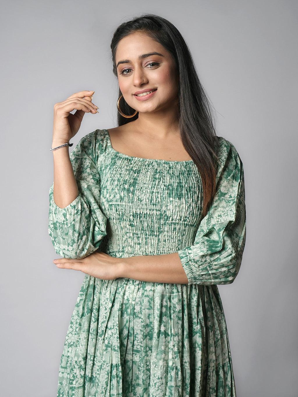 Ekisha's women shibori printed green cotton midi dress - Ekisha
