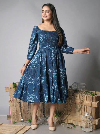 Ekisha's women shibori printed navy cotton midi dress - Ekisha