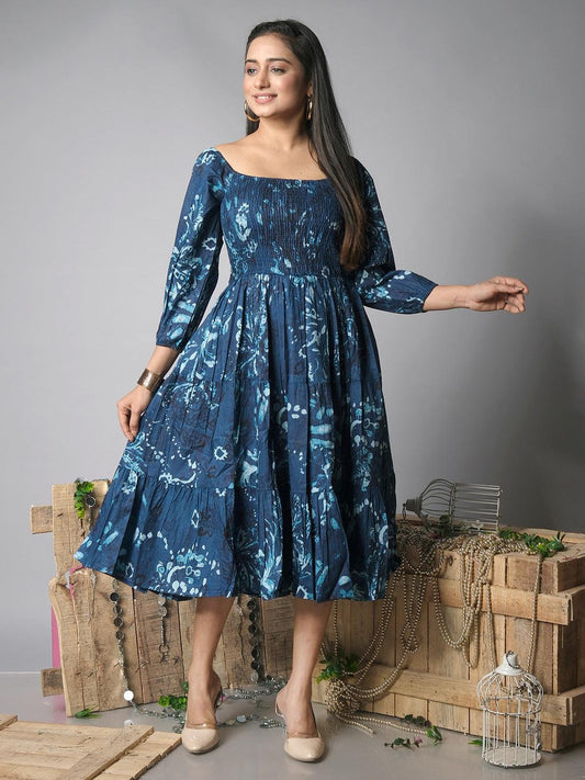 Ekisha's women shibori printed navy cotton midi dress - Ekisha