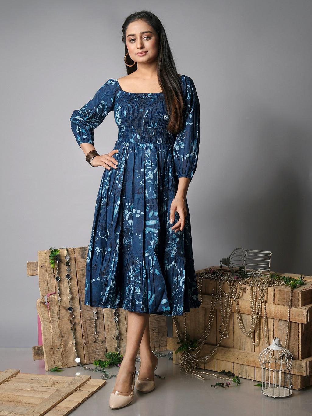Ekisha's women shibori printed navy cotton midi dress - Ekisha